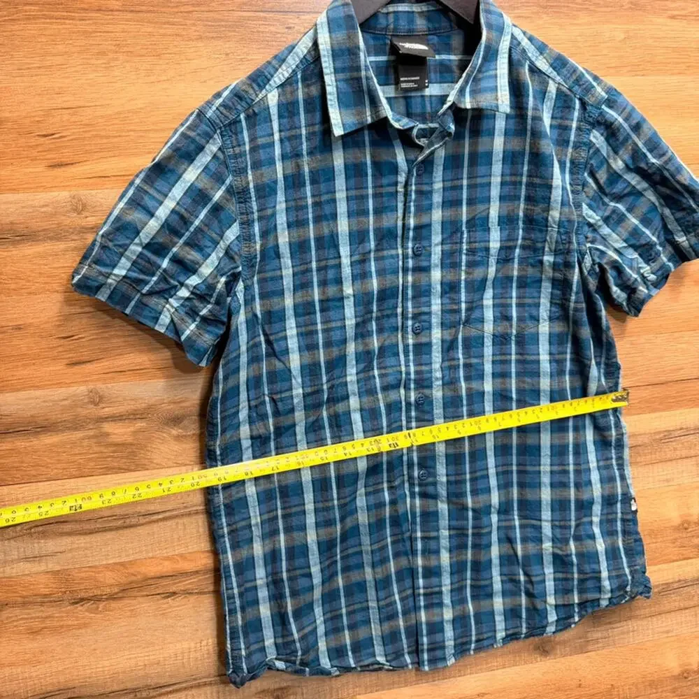 North Face Shirt Mens M Button Front Short Sleeve Pocket Blue Outdoor Plaid